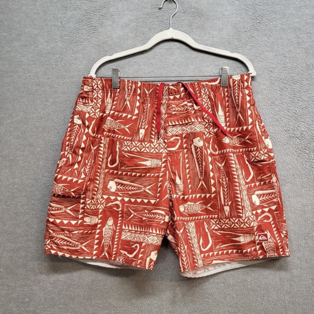 Quiksilver Men‎ Swimwear Shorts Large Red Tribal Cargo Swim Trunks Logo 8"